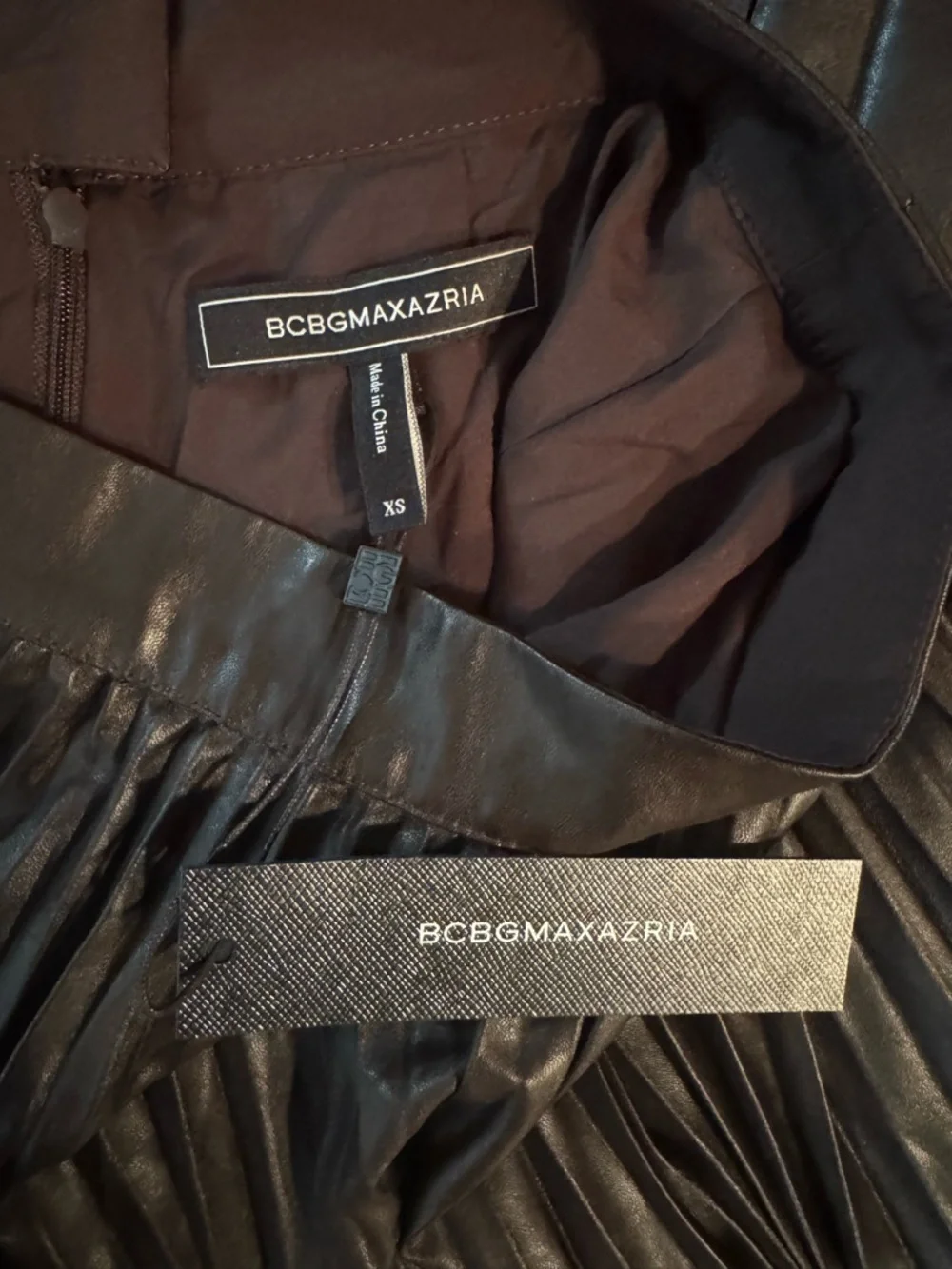 BCBGMaxAzria Pleated Faux Leather Midi Skirt Size XS Chocolate Brown